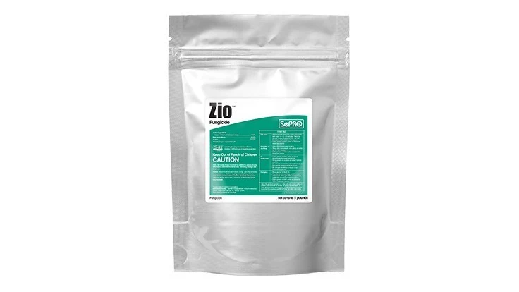 A silver bag with a white, teal and black logo reading Zio Fungicide.