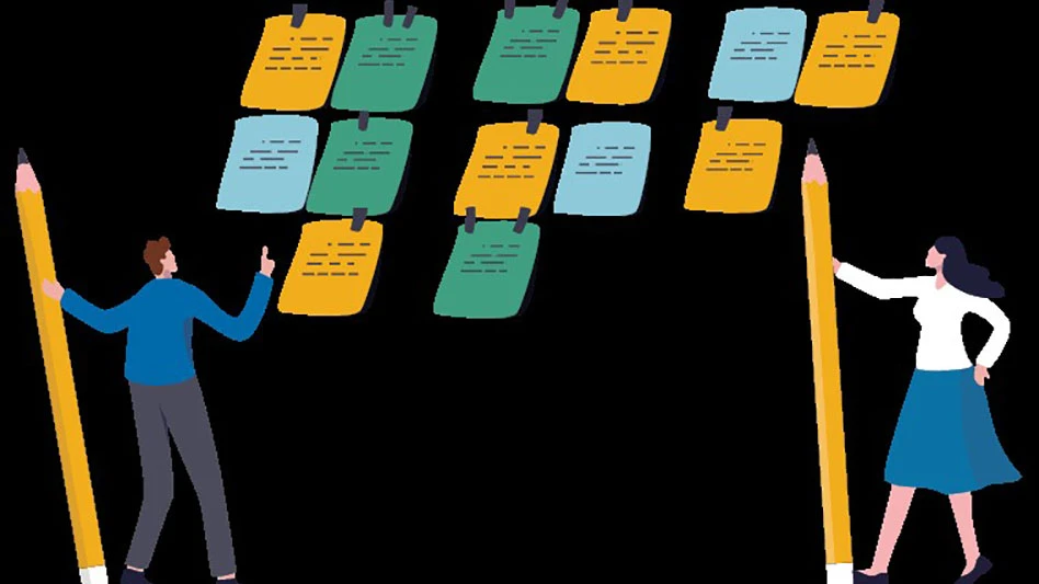 graphic image of two people holding pencils in front of different colored rectangular pieces of paper.