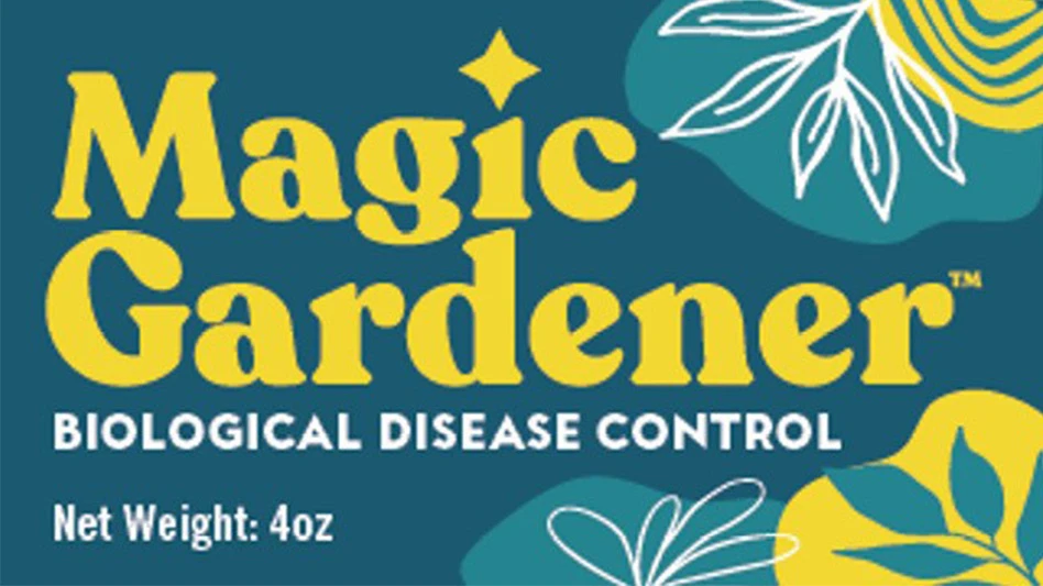 Yellow and white text reads Magic Gardener Biological Disease Control Net Weight 4 oz. The background is a dark teal, and there are lighter teal and yellow flowers to the right of the text.