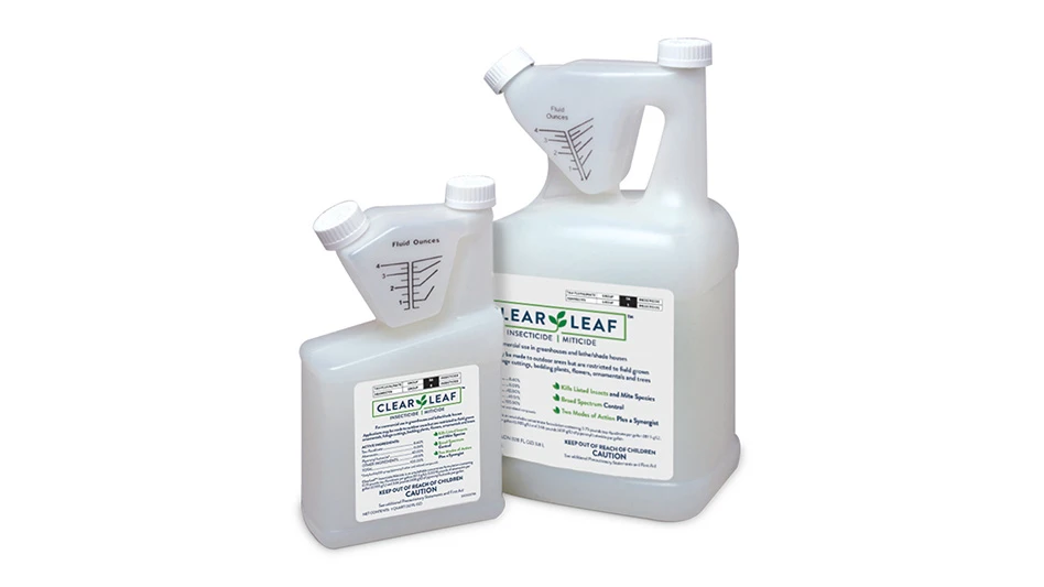 Two white plastic jugs with white caps read ClearLeaf.