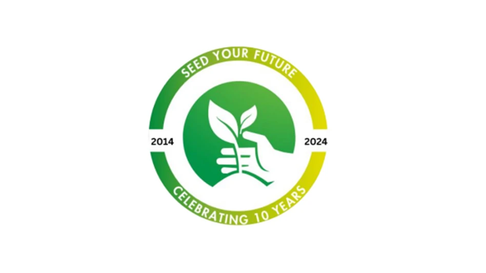 A logo reads Seed Your Future Celebrating 10 years 2014-2024. In the center is a hand holding a seedling.