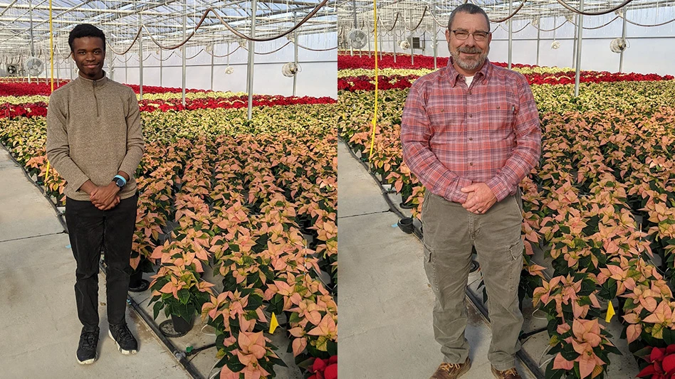 Two side-by-side photos of smiling men standing in a greenhouse with orange plants on the ground next to and behind them.