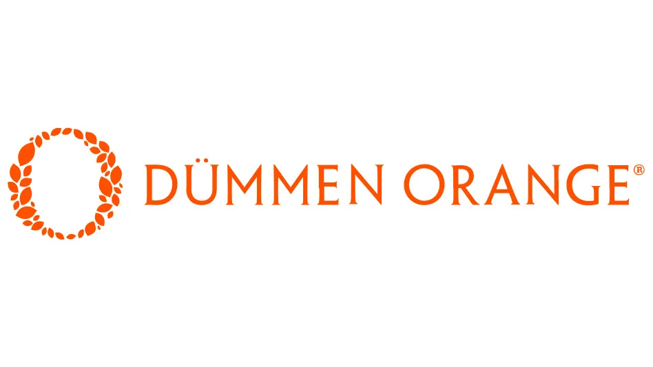 A logo reads Dümmen Orange in capital orange letters on a white background. To the left of the text is a capital O made out of orange leaves.