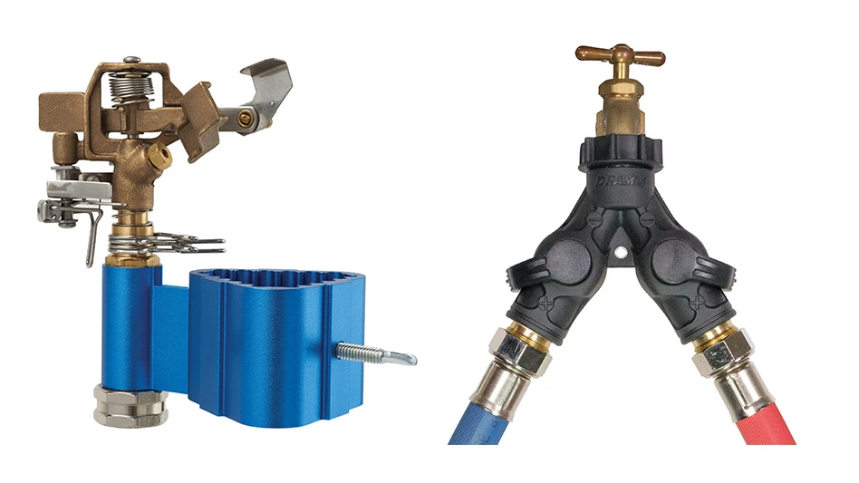 Two photos of hose and sprinkler attachments. The one on the left is a gold and copper pipe with a blue attachment, and the one on the right is a split black pipe with a blue hose and red hose attached at the bottom and a gold knob at the top.