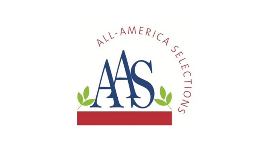 A logo on a white background, with blue capital letters that say AAS with a thick red line underneath and green leaves to the left and right. Above in an arch  of red capital letters reads All-America Selections.