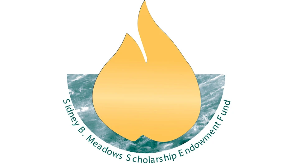 A logo of a large gold flame in a teal variegated bowl, with teal letters that read Sidney B. Meadows Scholarship Endowment Fund.