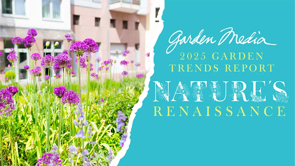 A graphic reads Garden Media 2025 Garden Trends Report: Nature's Renaissance in white and light green text on a teal background. To the left of the text is a photo of magenta flowers on long green stems growing in front of a coral and tan building.