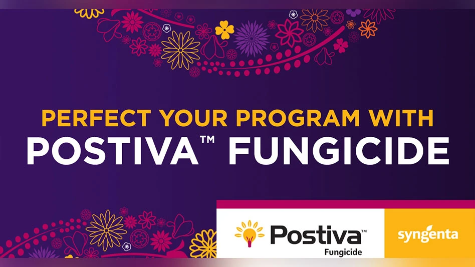 A purple graphic that reads "Respect your program with Postiva Fungicide" in yellow and white letters. The Postiva and Syngetna logos are in the bottom right hand corner.