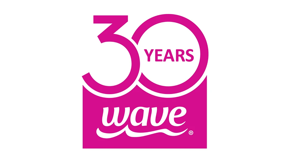 The hot pink Wave logo with the number 30 above it. The word years is in the 0 of the 30.