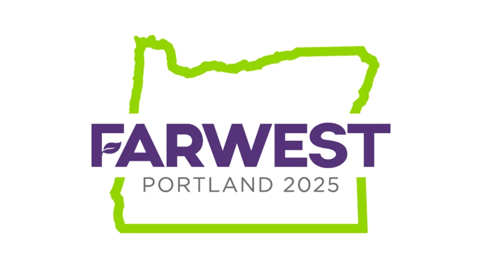 The word "Farwest" is in purple letters with "Portland 2025" underneath in grey letters. A lime green outline of the state of Oregon wraps around the words.