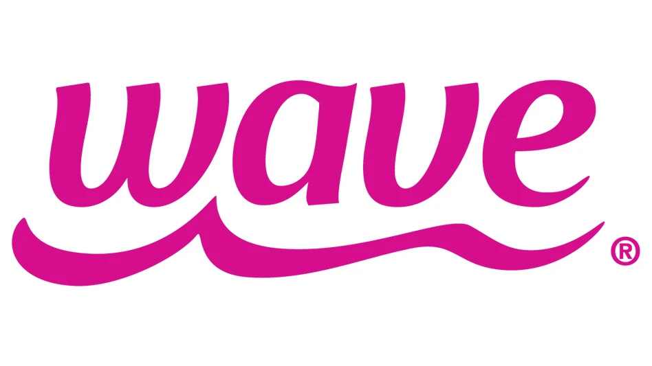 A logo with a white background and hot pink text that reads Wave, with a pink wavy line below the text.
