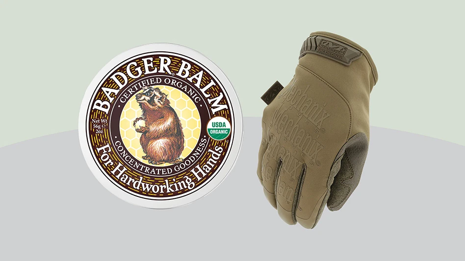 A photo of a white and yellow round tin and a photo of a brown glove.