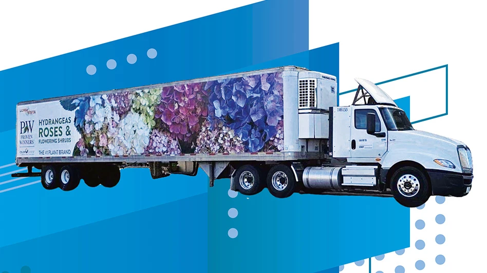 A photo of a white semi truck with purple flowers on the side, with text reading Loma Vista Proven Winners Color Choice Hydrangeas & Roses Flowering Shrubs The #1 Plant Brand.