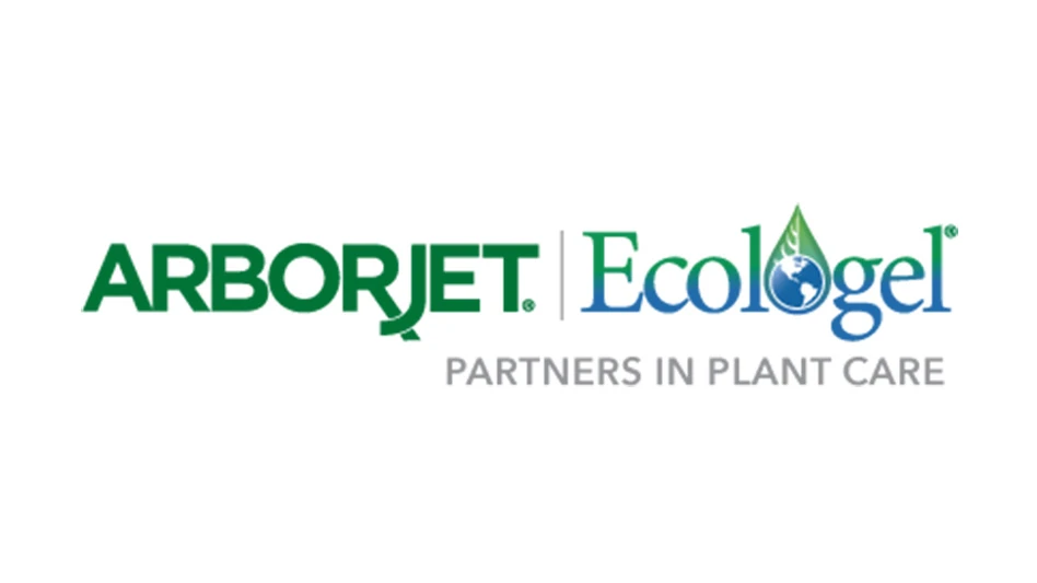 Two logos, one with green capital letters reading Arborjet, the other in blue and green gradient letters reading Ecologel. Below the logos are gray capital letters reading partners in plant care.