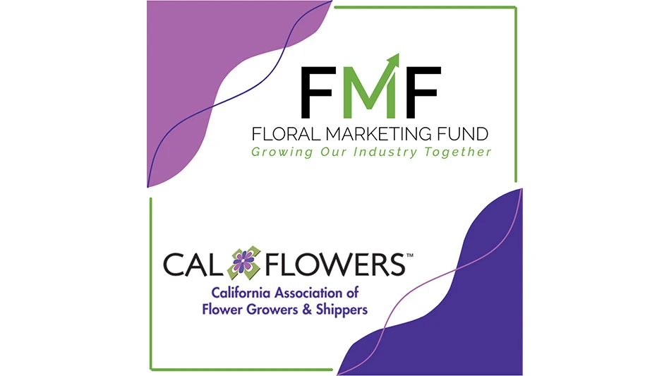Two logos with black, green and purple text on a purple and white background read FMF Floral Marketing Fund Growing Our Industry Together and Cal Flowers California Association of Flower Growers & Shippers.