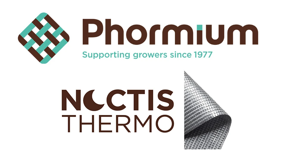 Brown and blue text on a white background reads Phormium Supporting growers since 1977, Noctis Thermo. There's also a photo of a silver mesh-like sheet.