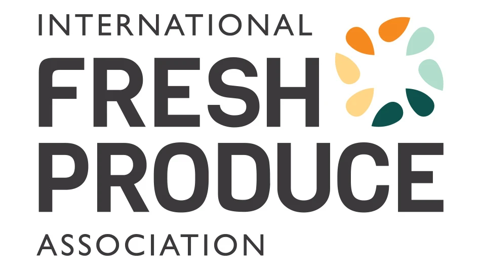 A logo with black text on a white background reads International Fresh Produce Association. To the right of the text is a graphic of a circle made up of teardrop shapes that are orange, yellow, dark teal and mint green.