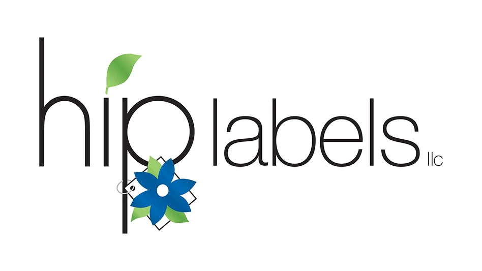 A logo with black text on a white background that reads Hip Labels. There's a graphic of a blue and green flower and green leaf.