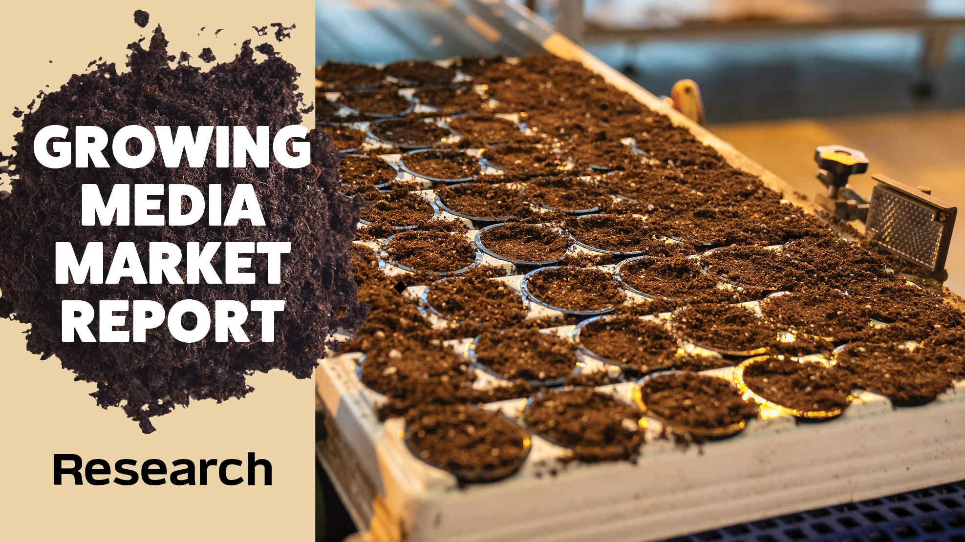 A photo showing a tray of black circular pots with brown soil inside. Black and white text on a tan background over a pile of brown soil reads Growing Media Market Report: Research.