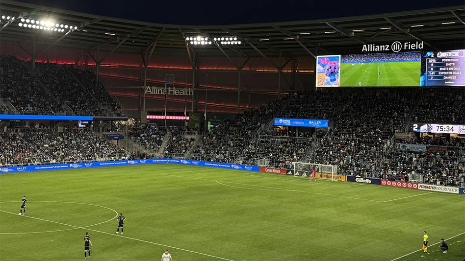 A soccer field at night