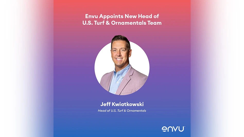 A graphic with white text on a gradient red to blue background reads Envu Appoints New Head of U.S. Turf & Ornamentals Team Jeff Kwiatkowski, Head of U.S. Turf & Ornamentals, Envu. In the center is a headshot photo of a smiling man.