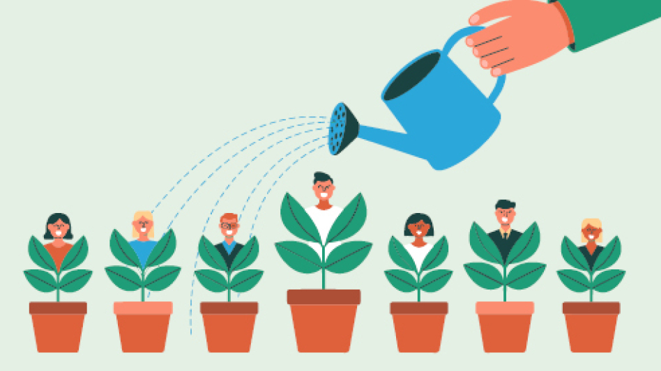 An illustration of a hand holding a watering can that is watering plants with cartoon people growing out of them in a row of pots.