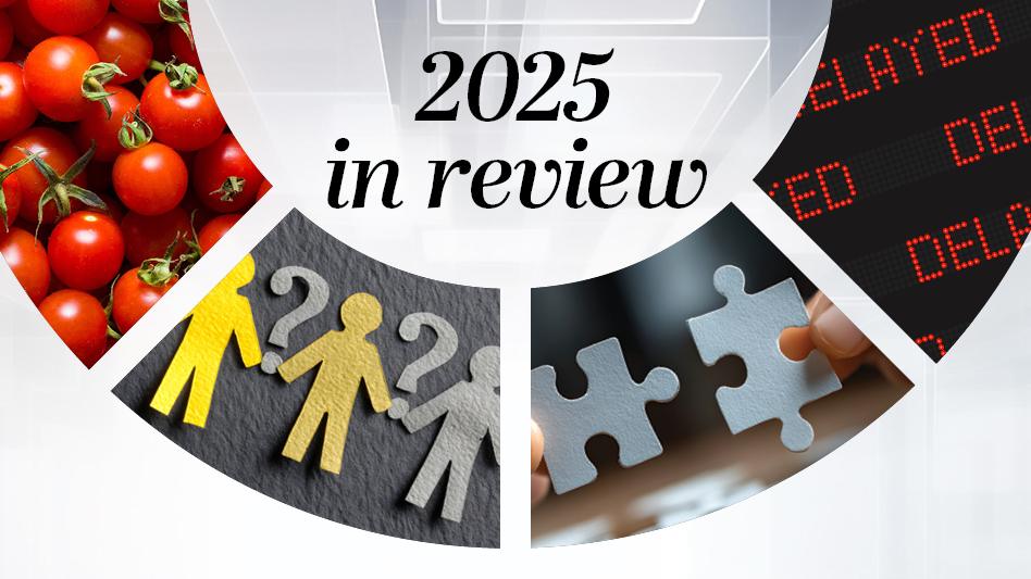 A half circle with the words 2025 in review in the center. The bottom of the half-circle is four images showing tomatoes, paper cut-outs of people, puzzle pieces and a digital board that says delayed.