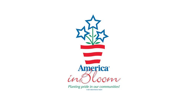 America in Bloom logo: A red and white stripped pot with star flowers growing out of it.