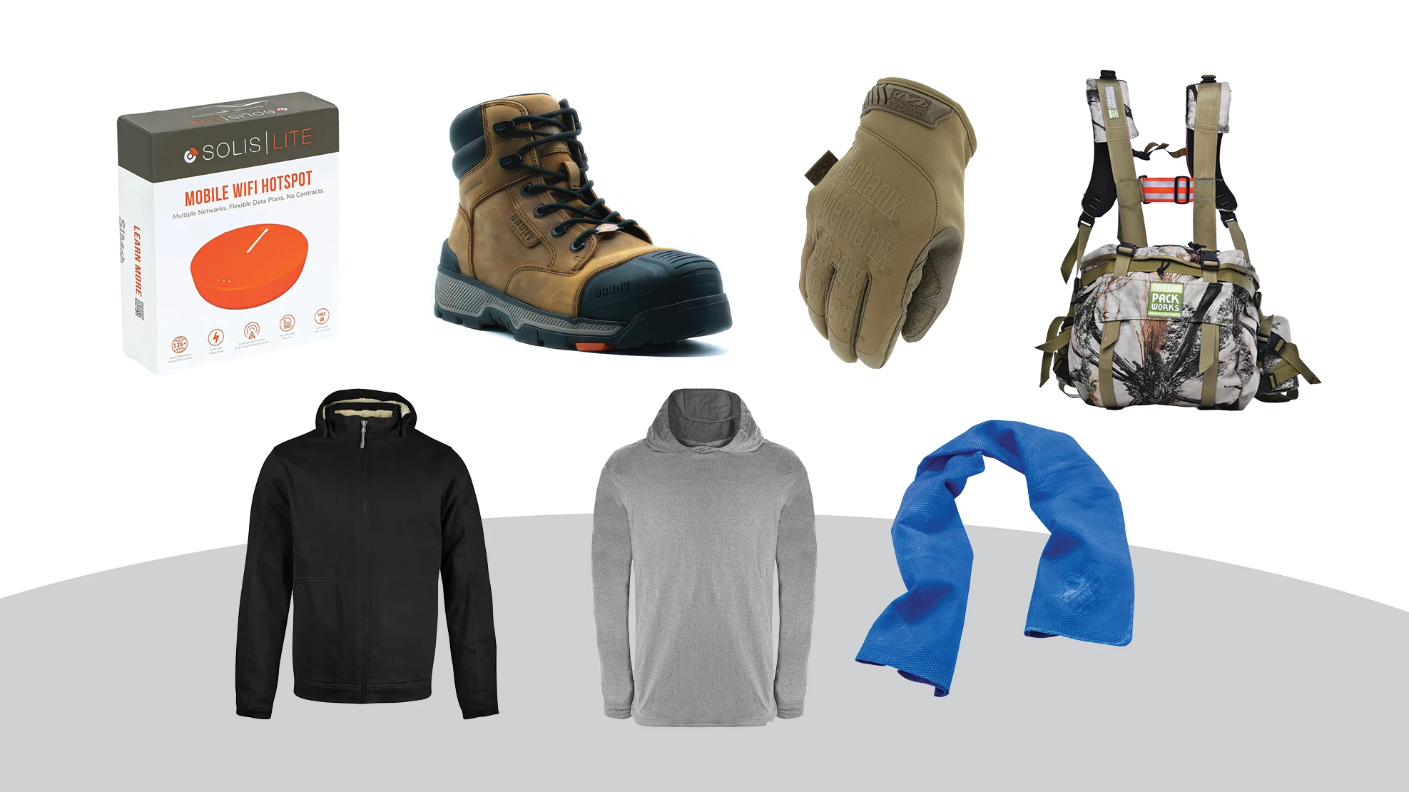 Seven pieces of greenhouse gear: a hotspot device, boots, gloves, lumbar pack, two jackets and a cooling towel.