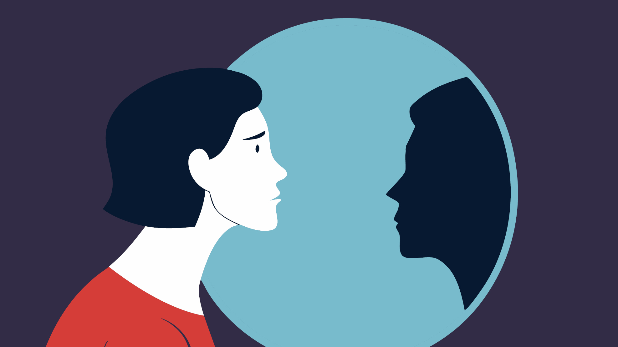 A graphic of a woman looking at her own shadow in a mirror. The background is purple, and the navy blue shadow is in a blue circle.