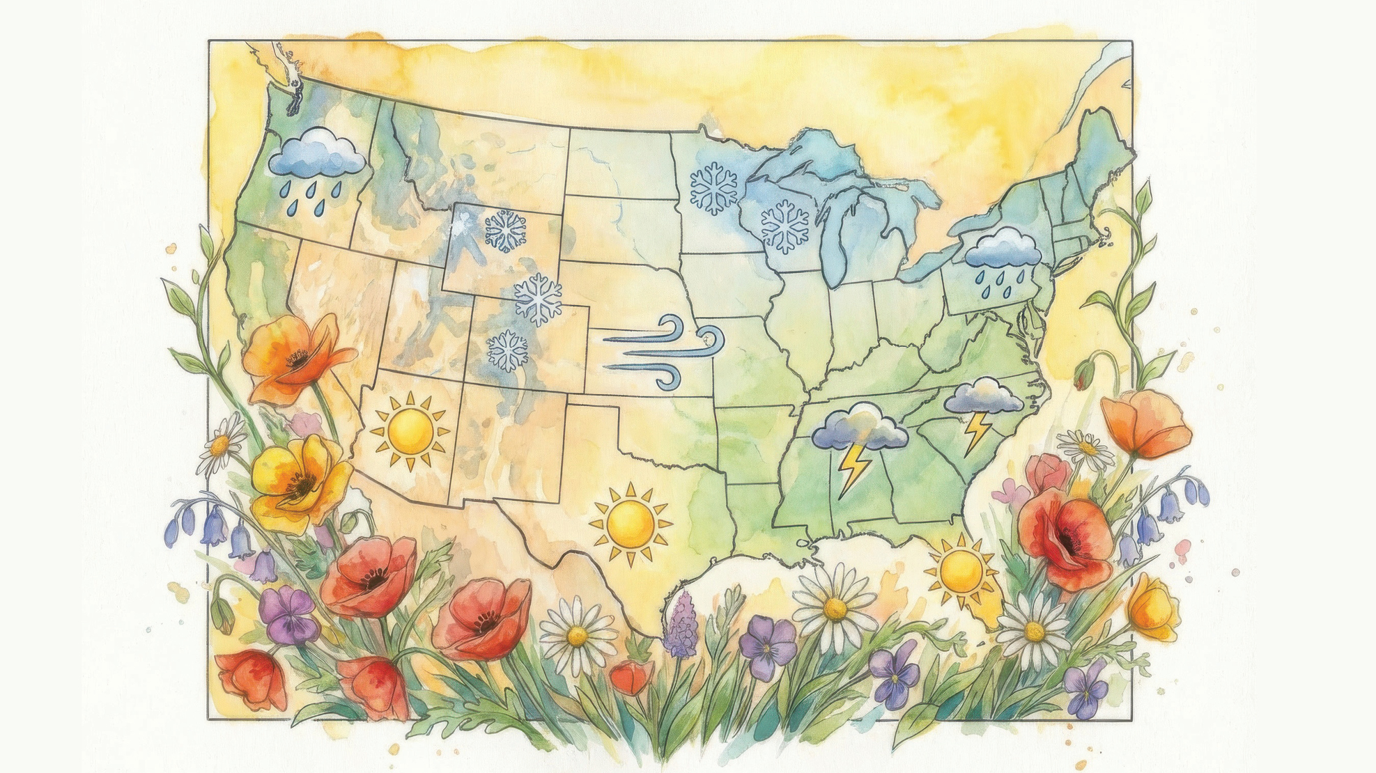 A graphic of a map of America with flowers growing around it. Different weather symbols are on the map.