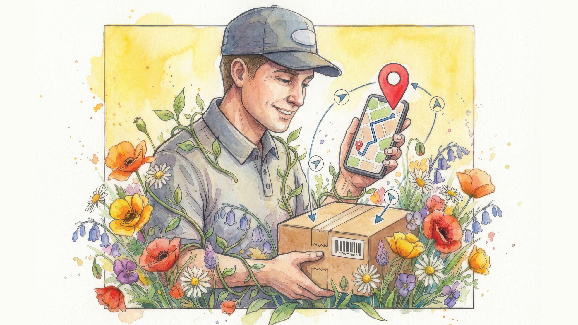 A graphic of a mail courier looking at a map while holding a package and surrounded by flowers.