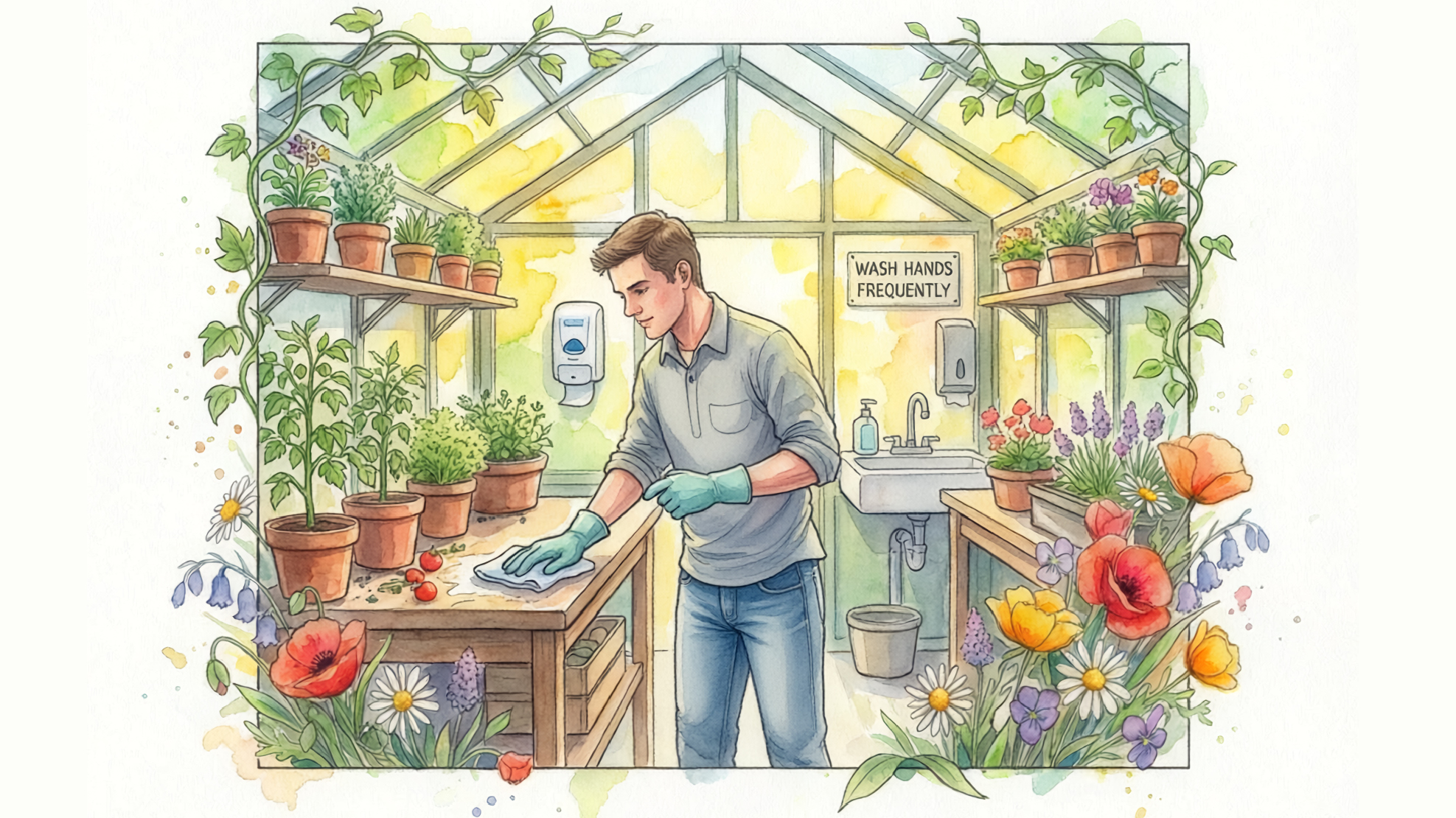 A greenhouse worker cleaning off benches around pots and flowers.