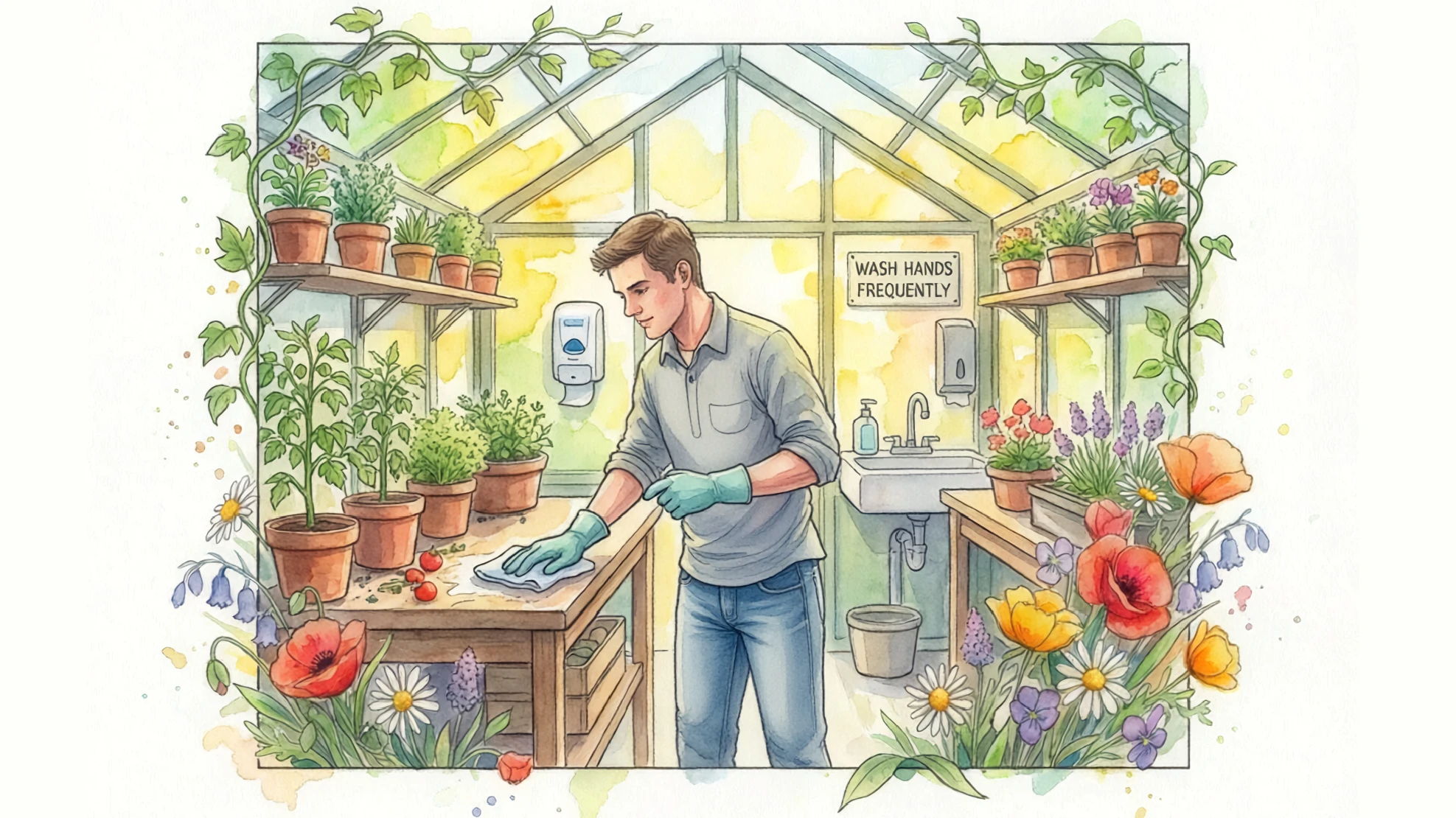 A greenhouse worker cleaning off benches around pots and flowers.