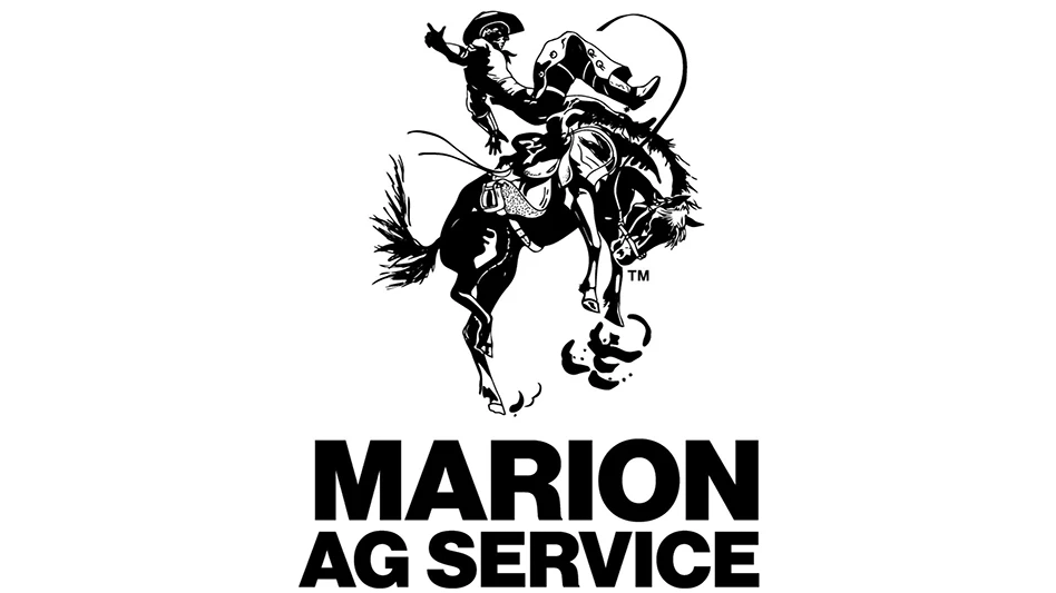 A cowboy riding on the back of a horse above the words Marion Ag Service.