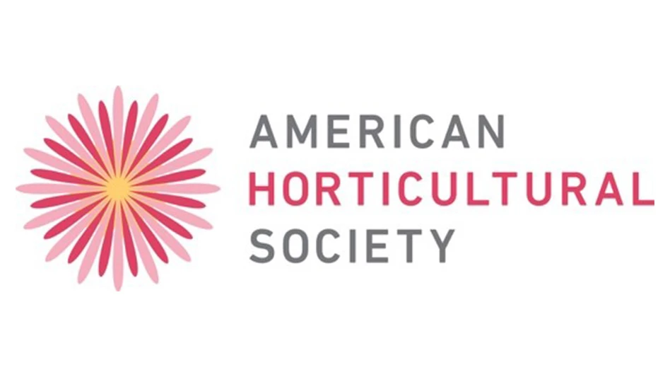 A logo with pink and gray text on a white background reads American Horticultural Society. To the left of the text is a graphic of a flower with dark pink and light pink petals and a yellow center.