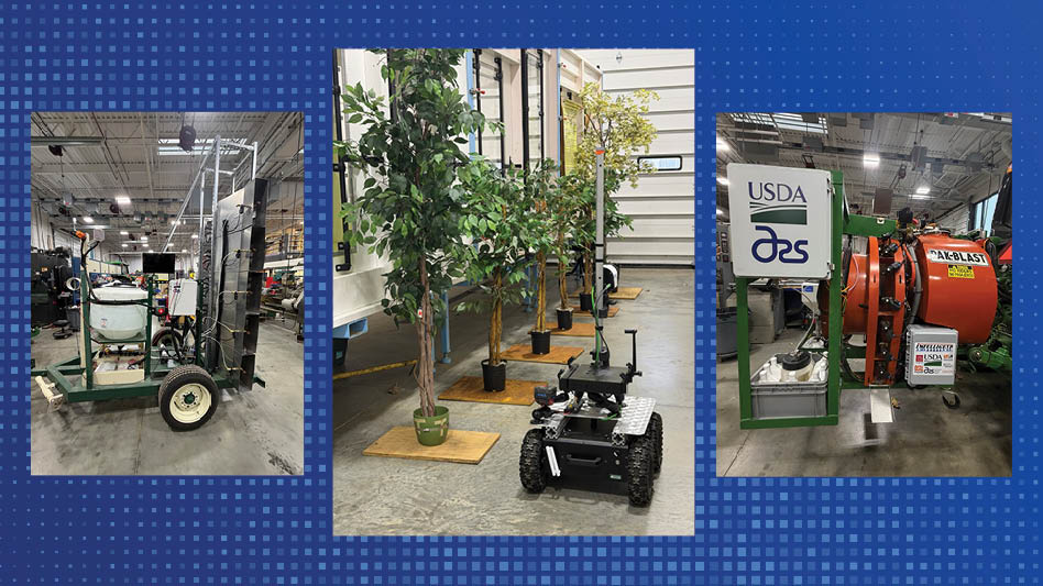 Three photos showing various horticulture robots and equipment in warehouses on a blue background.
