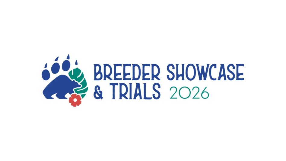 Logo for the Cincinnati Zoo Breeder Showcase and Trials 2026 with blue and green text on a white background. To the left of the text is a graphic of a blue animal footprint, a green leaf and a red flower.
