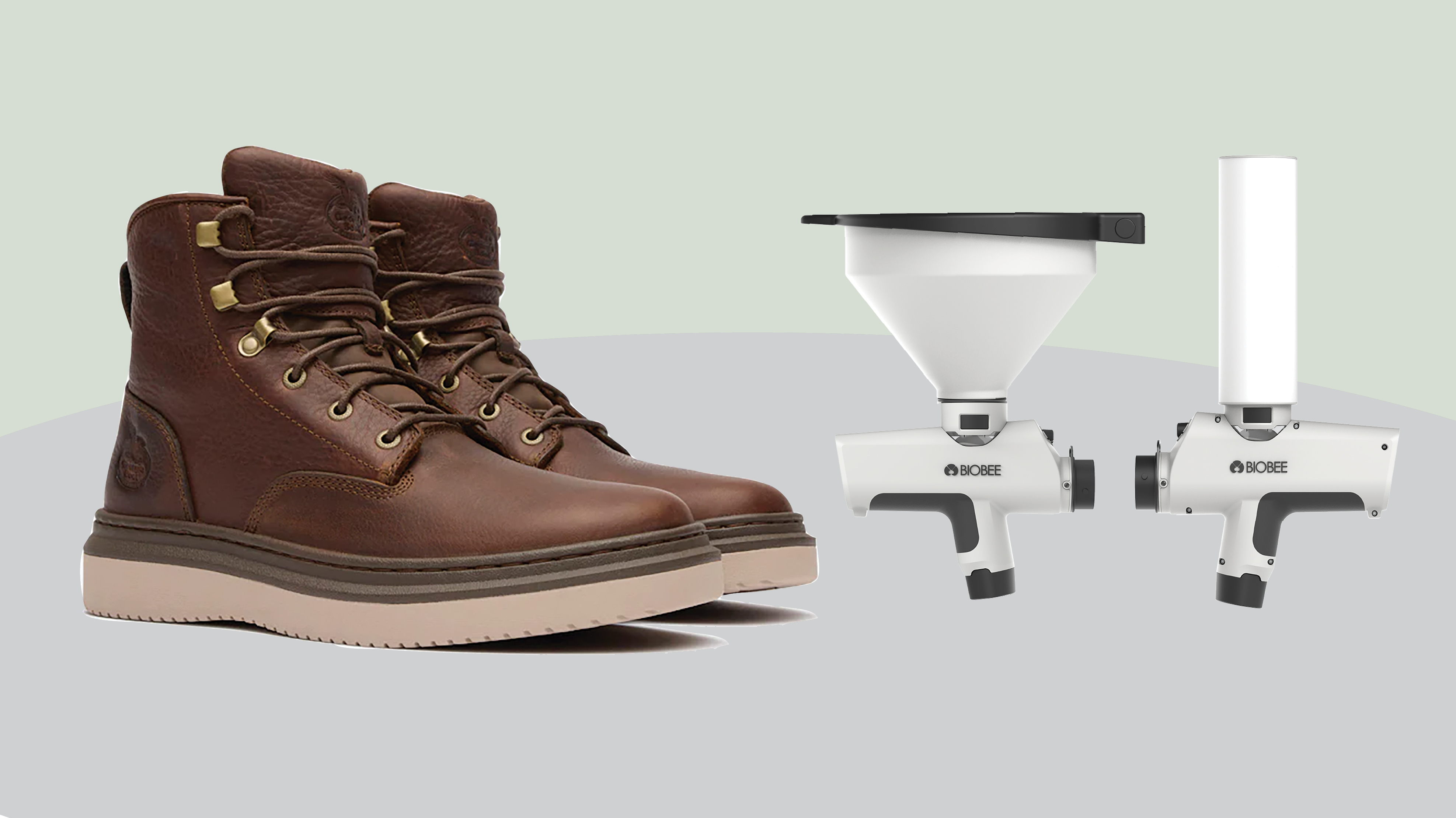 A pair of work boots sitting next to two white plastic insect egg blowers.