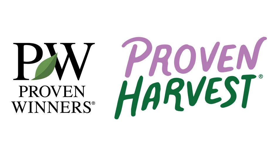 Two logos on a white background. On the left is a logo with black text reading PW Proven Winners, and on the right is a logo with purple and green text reading Proven Harvest.