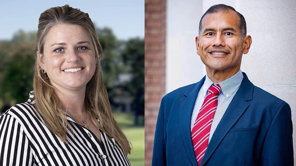 Two headshot photos, on the left of a smiling woman with long blond hair and wearing a black and white striped shirt, and on the right a smiling man with short black hair wearing a navy blue suit jacket, blue shirt and red and blue striped tie.