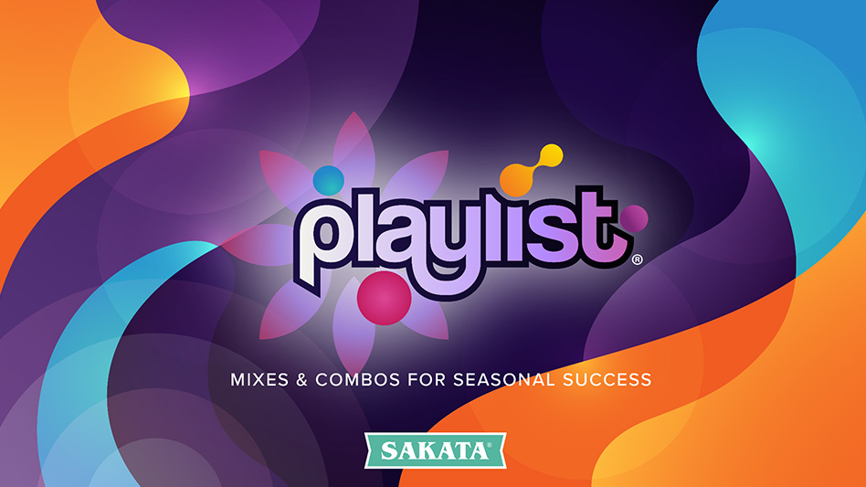 A graphic with purple and white text on a swirling purple, blue and orange background. The text reads Playlist: Mixes & combos for seasonal success, Sakata.