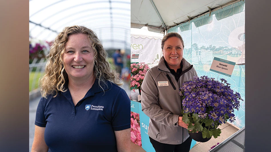 Two side-by-side photos of smiling women standing with plants.